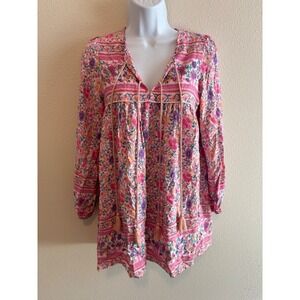 Lance Cade Floral Tunic Top Womens Small Pink Boho Tassel Tie V-Neck Cotton